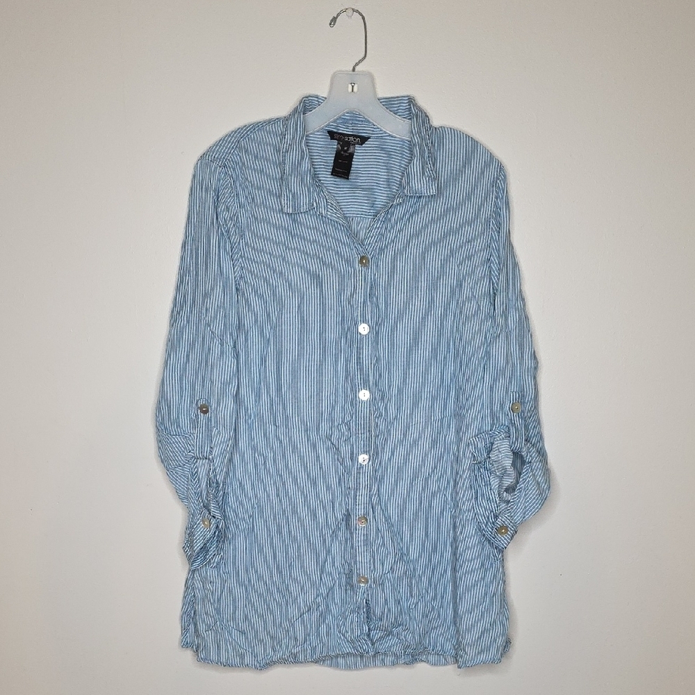 Slim-Sation Blue Striped Tunic Shirt With Pockets Sz MEDIUM